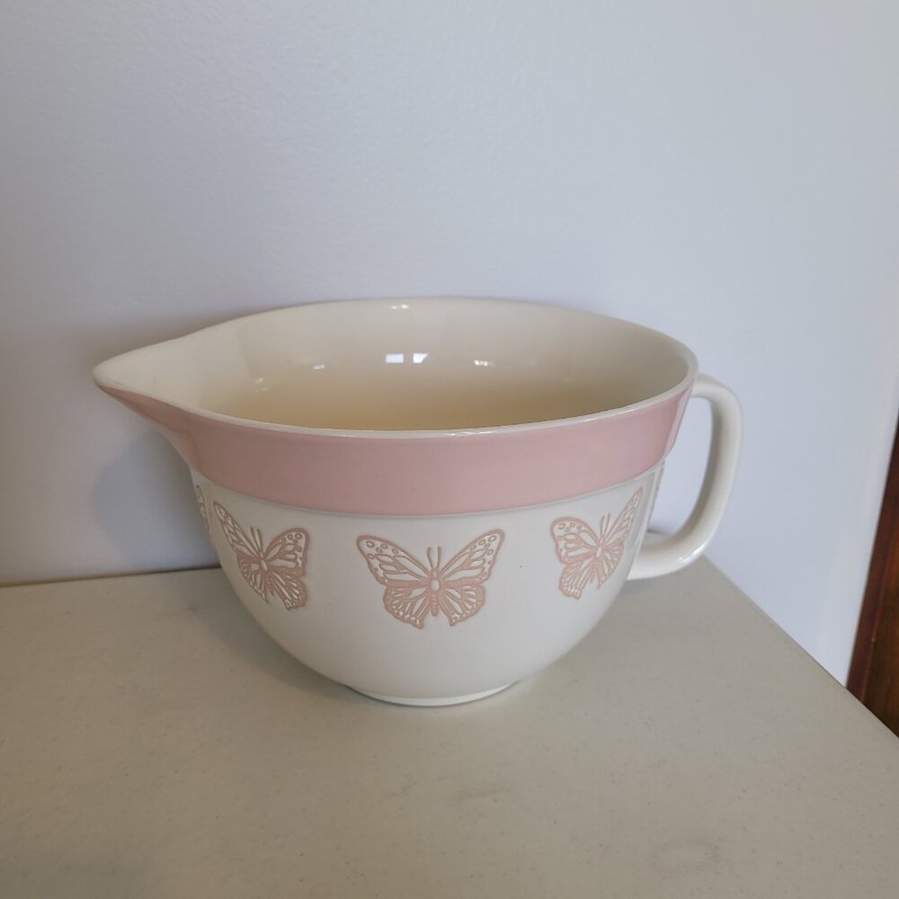 The Bakeshop Mixing Bowl W/ Pour Spout White And Pink Butterfly Spring